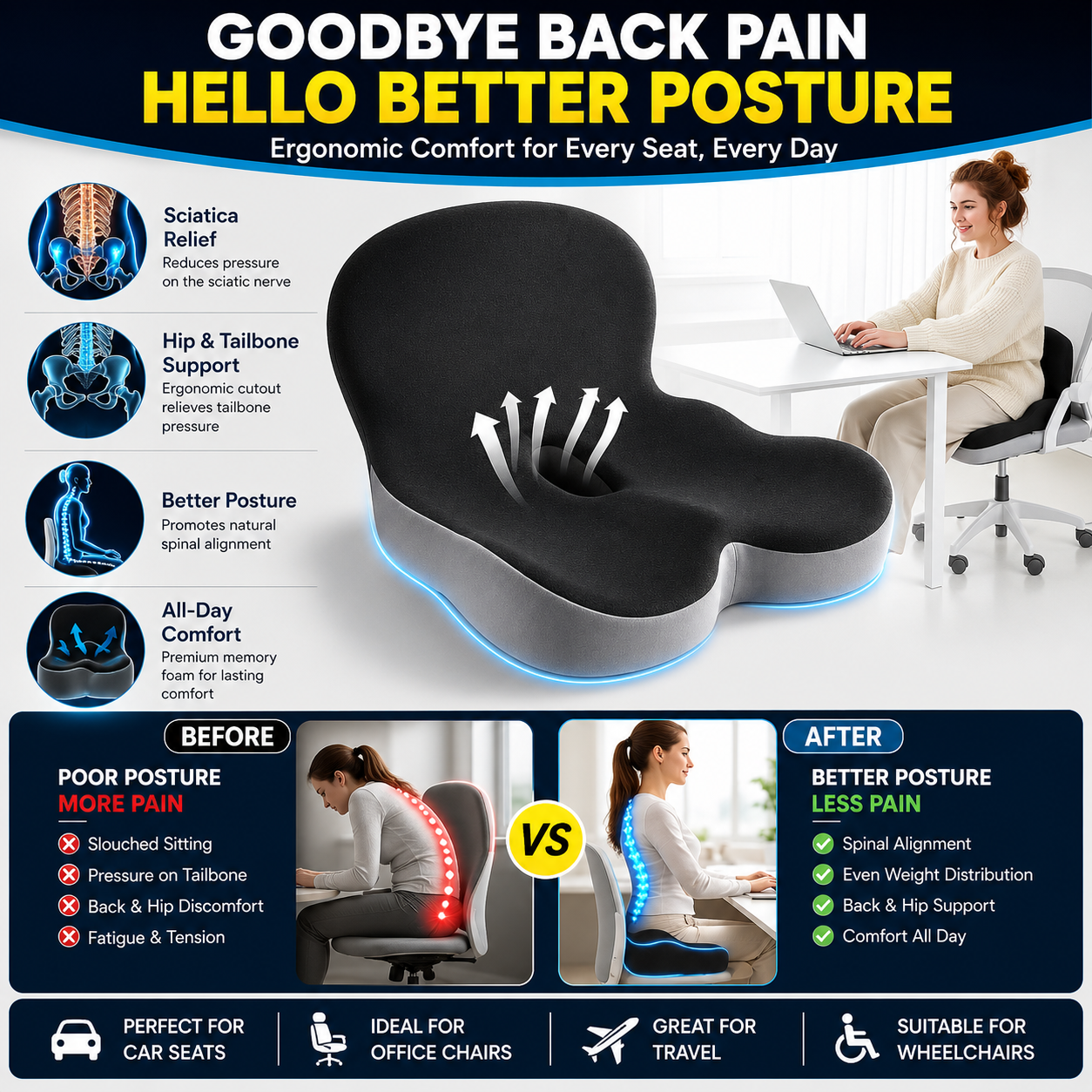 Ergonomic Memory Foam Seat Cushion